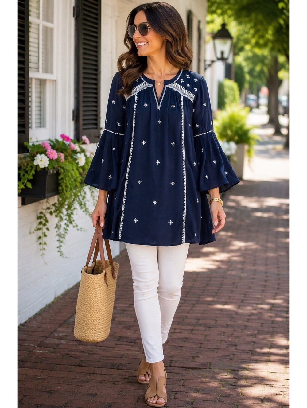 Umgee XL Navy Blue Embroidered Boho Tunic Bell Sleeve Peasant Blouse Cotton - Picture 1 of 12